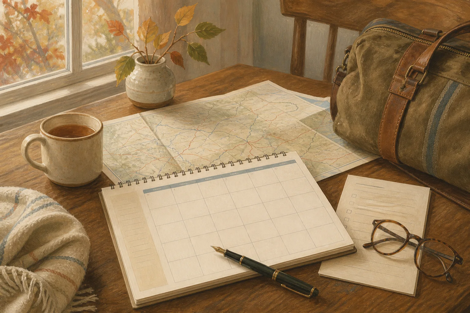 An illustrated autumn planning table with a rail map, blank calendar, checklist, tea, glasses, pen, and overnight bag