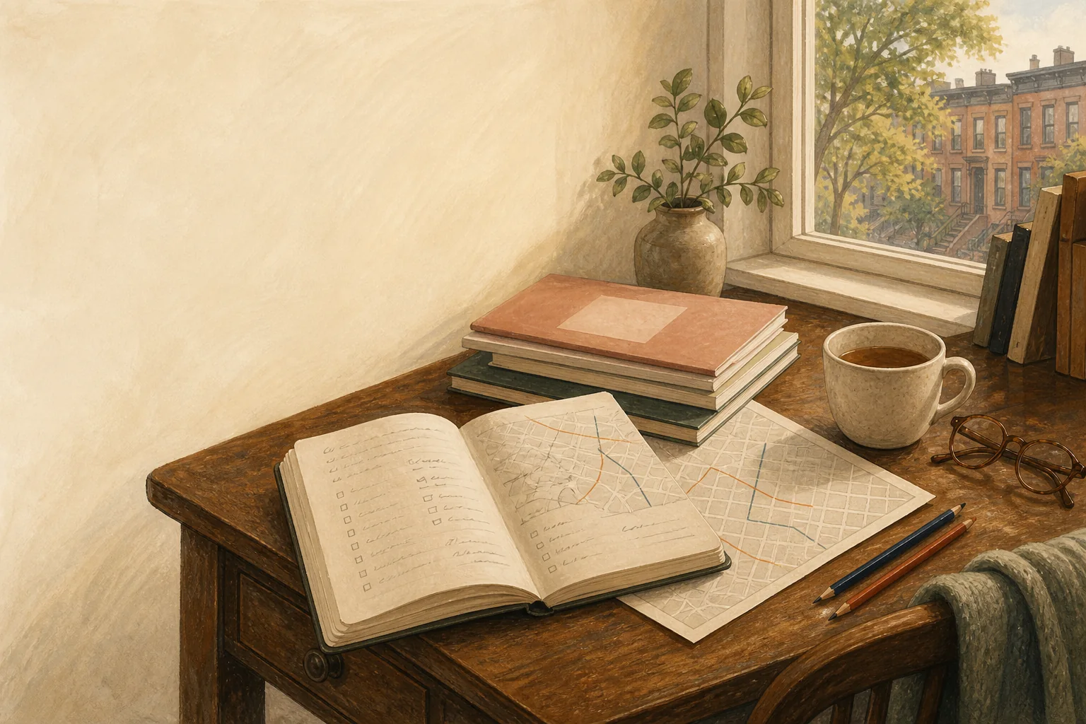 An illustrated school-search notebook, map, tea, and pencils on a warm desk beside a brownstone window