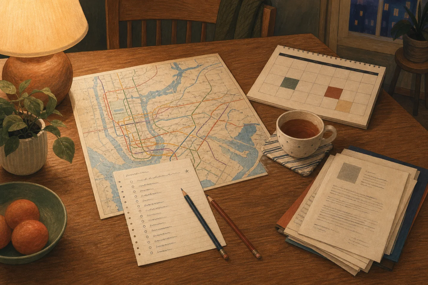 An illustrated evening table with a New York transit map, admissions calendar, handwritten school list, pencils, and tea