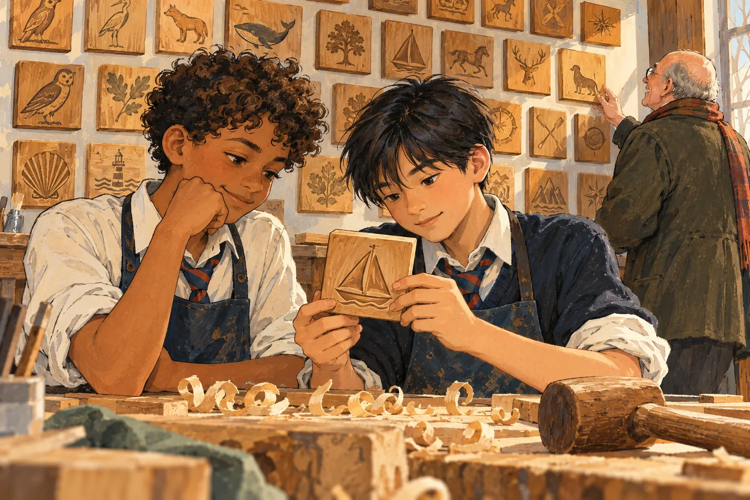 Two boys inspect a carved sailboat plaque while an older alumnus searches a wall of wooden designs.