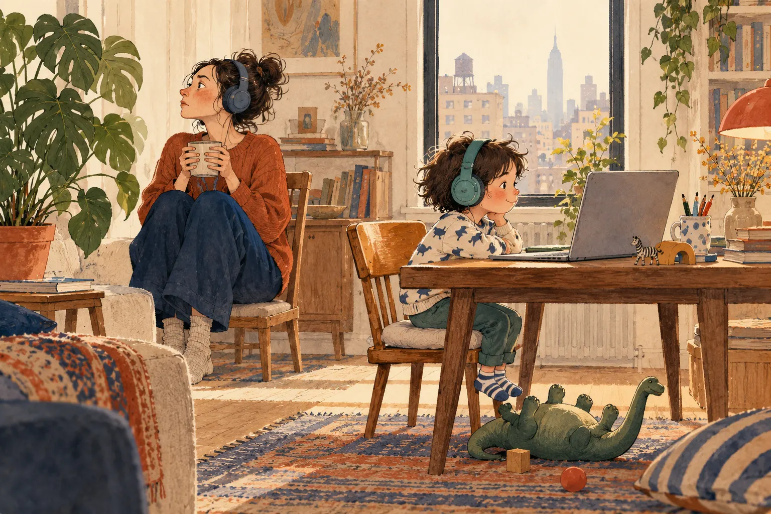 A child calmly wearing headphones at a laptop while a parent behind them listens separately and determinedly looks away.